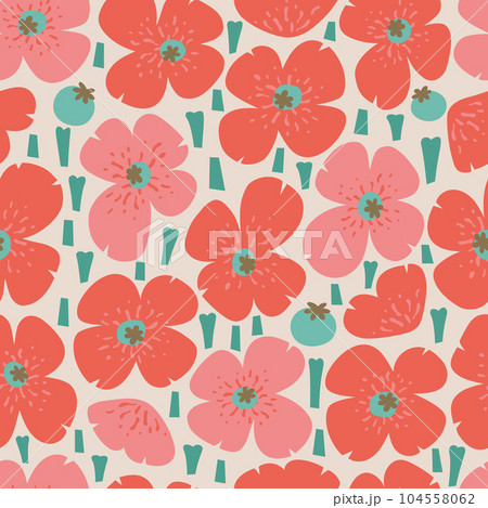 Modern cartoon poppy seamless pattern. Simple flower shape, box vector illustrtion for textile, background. Modern cartoon poppy seamless pattern. Simple flower shape, box vector illustrtion for textile, background. 104558062