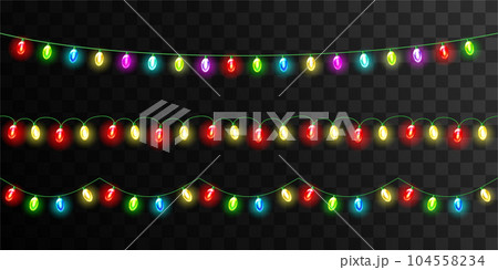 Set of colorful garland, festive decorations. Glowing christmas lights on dark background 104558234