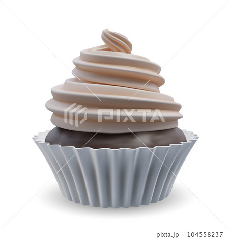 Whipped beige cream swirl cupcake with chocolate biscuit. Realistic vector 104558237