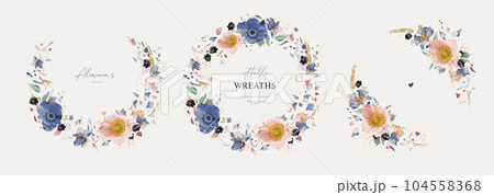 Watercolor wreath set. Floral vector illustration. Blue, pink anemone flowers, white petals, blackberry, golden glitter bouquet print. Pastel wedding invite, save the date, birthday party card element Watercolor wreath set. Floral vector illustration. Blue, pink anemone flowers, white petals, blackberry, golden glitter bouquet print. Pastel wedding invite, save the date, birthday party card element 104558368