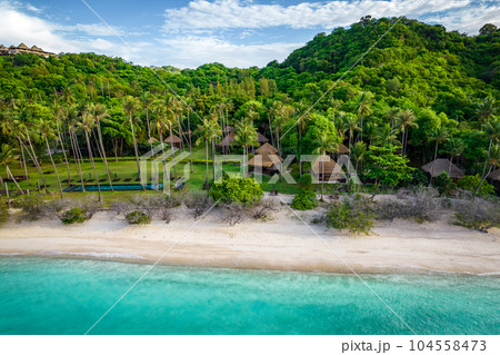 Aerial view of Haad Tien Beach and resort in Shark Bay, koh Tao, Thailand 104558473