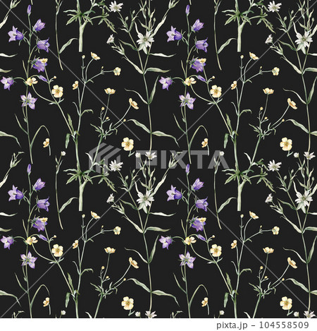 Watercolor floral seamless pattern in vintage rustic style, colored garden, hand painting print with meadow flowers, leaves and plants, design texture. Bluebell, buttercup, stellaria holostea. 104558509