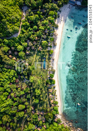 Aerial view of Haad Tien Beach and resort in Shark Bay, koh Tao, Thailand 104558545