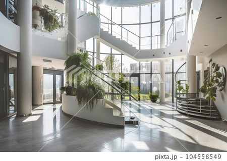 Empty hall in modern building with indoor plants and tall windows. Generative AI illustration Empty hall in modern building with indoor plants and tall windows. Generative AI illustration 104558549