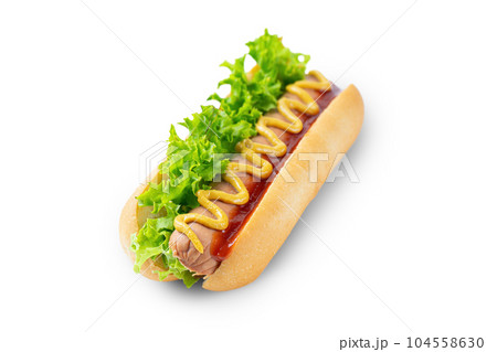 Homemade Hot Dog with mustard, ketchup, tomato and fresh salad leaves isolated on white background Homemade Hot Dog with mustard, ketchup, tomato and fresh salad leaves isolated on white background 104558630