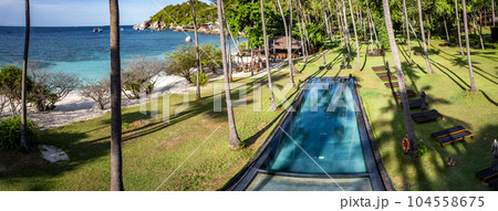 Aerial view of Haad Tien Beach and resort in Shark Bay, koh Tao, Thailand 104558675