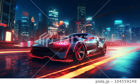 Epic Cyberpumk Sports Car Neon Retro Wave Style Epic Cyberpumk Sports Car Neon Retro Wave Style 104559249