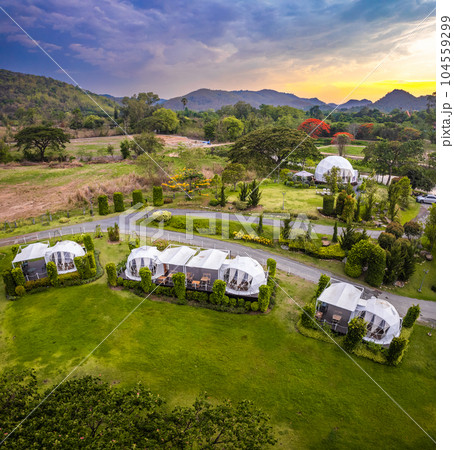 Aerial view of a glamping or camping area with tents in Khao Yai, Nakhon Ratchasima, Thailand Aerial view of a glamping or camping area with tents in Khao Yai, Nakhon Ratchasima, Thailand 104559299