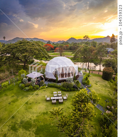 Aerial view of a glamping or camping area with tents in Khao Yai, Nakhon Ratchasima, Thailand Aerial view of a glamping or camping area with tents in Khao Yai, Nakhon Ratchasima, Thailand 104559323