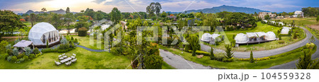 Aerial view of a glamping or camping area with tents in Khao Yai, Nakhon Ratchasima, Thailand 104559328
