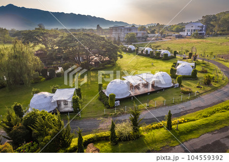 Aerial view of a glamping or camping area with tents in Khao Yai, Nakhon Ratchasima, Thailand 104559392