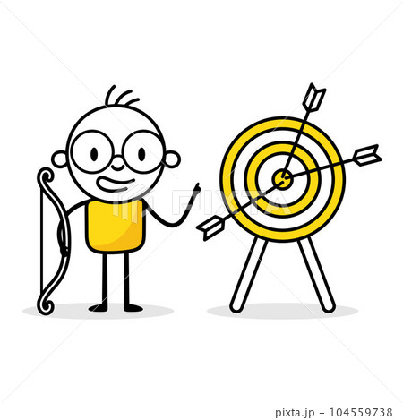 Man archery shoot hitting bullseye target. Success reaching goal or target, victory or winner, efficiency or perfection concept. Vector stock illustration 104559738