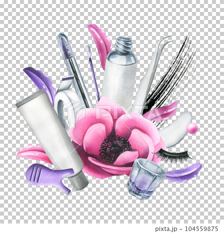 Tools and cosmetics for eyelash lamination with brushes, silicone rollers, anemone flower and strokes of paint. Watercolor illustration, hand drawn. Isolated composition on a white background. Tools and cosmetics for eyelash lamination with brushes, silicone rollers, anemone flower and strokes of paint. Watercolor illustration, hand drawn. Isolated composition on a white background. 104559875