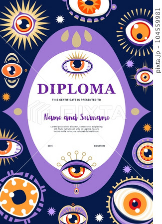 Kids wizard diploma with magical witchcraft eyes, vector education certificate award. Magic eyes of kindergarten magician classes or esoteric workshop for witchcraft school diploma certificate 104559981