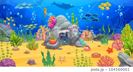 Rock house and underwater landscape game level map. Cartoon animals, fish shoal and seaweeds. Vector fantasy dwelling, mermaid or fish home inside of stone with forged gate, and bright undersea plants 104560001
