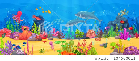Banner or arcade game level with sea underwater animals and seaweeds ocean landscape. Cartoon vector background with bright undersea biodiversity, dolphins, octopus, jellyfish and starfish on seafloor 104560011