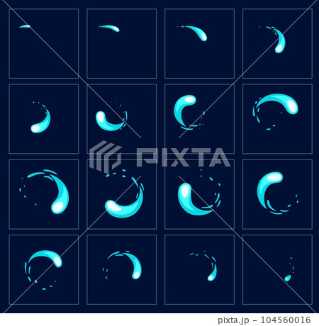 Water motion sprite sheet of animated swirl, vector cartoon animation of liquid effect for game. Water splash motion frame of 2D FX sprite sheet of drop whirl or wave circle twirl and round rotating Water motion sprite sheet of animated swirl, vector cartoon animation of liquid effect for game. Water splash motion frame of 2D FX sprite sheet of drop whirl or wave circle twirl and round rotating 104560016