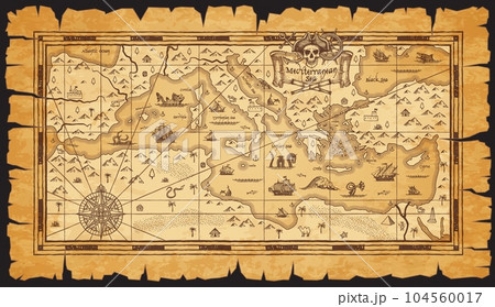 Old antique vintage map of Mediterranean Sea. Sea monster, compass wind rose and sail ship sketches. Vector fantasy islands, treasure chest and pirate skull, mountains, desert, castle, old parchment Old antique vintage map of Mediterranean Sea. Sea monster, compass wind rose and sail ship sketches. Vector fantasy islands, treasure chest and pirate skull, mountains, desert, castle, old parchment 104560017