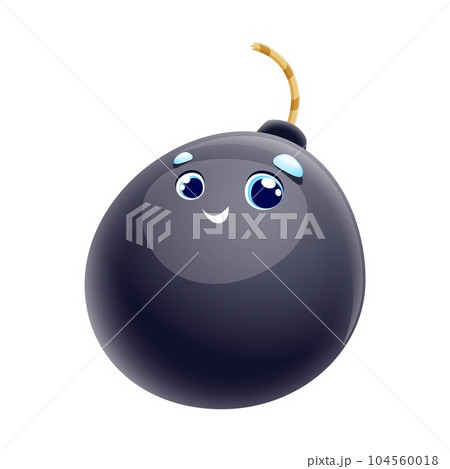 Cartoon big bomb character with wick or fuse. Explosive, weapon personage. Fat bomb, dynamite or explosion funny vector mascot. Grenade childish personage or cute character with smiling face Cartoon big bomb character with wick or fuse. Explosive, weapon personage. Fat bomb, dynamite or explosion funny vector mascot. Grenade childish personage or cute character with smiling face 104560018