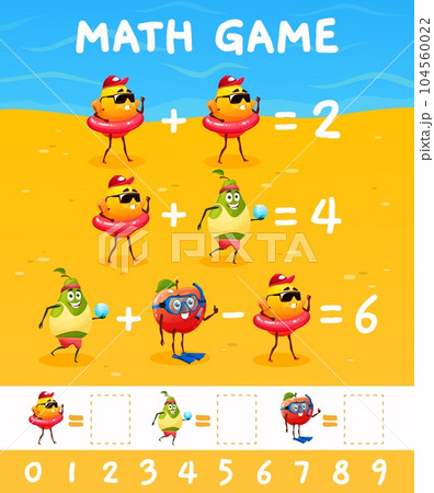 Cartoon fruits on summer vacations, math game worksheet with funny characters, vector quiz. Cheerful apple with orange and pear fruit in kids mathematics education puzzle game for numbers count 104560022
