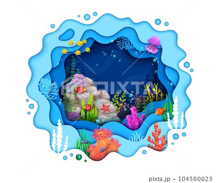 Cartoon sea paper cut underwater landscape with fish shoal and seaweeds. Whimsical and lively scene that captures the vibrant colors and movement of the underwater world inside of wave 3d vector frame 104560023