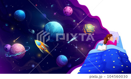 Sleeping kid girl and galaxy space background. Cartoon vector sweet little child sleep lies on soft pillow and sees magical dreams about planets, stars and satellites. Rest and relaxation at night 104560030