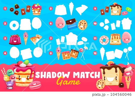 Shadow match game cartoon sweets, dessert and ice cream characters. Kids mind development jigsaw with kawaii cotton candy, toffee, cake. Jelly pudding, chocolate, lollipop and donut with macaroon Shadow match game cartoon sweets, dessert and ice cream characters. Kids mind development jigsaw with kawaii cotton candy, toffee, cake. Jelly pudding, chocolate, lollipop and donut with macaroon 104560046