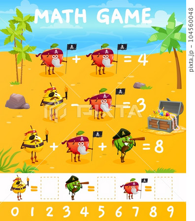 Cartoon funny fruits pirate and corsair characters on math game worksheet, vector quiz. Apple pirate, watermelon captain and pear sailor, kids mathematics puzzle game for number count and calculation Cartoon funny fruits pirate and corsair characters on math game worksheet, vector quiz. Apple pirate, watermelon captain and pear sailor, kids mathematics puzzle game for number count and calculation 104560048
