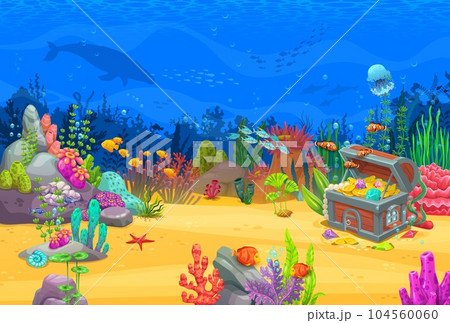 Cartoon game level underwater landscape with treasure chest, coral reefs, hidden loot, and colorful marine life. Vector gui background where players can explore, enchanting world beneath the sea waves 104560060