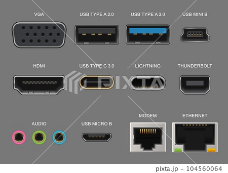 Connector and charge ports. Usb and vga, hdmi and audio realistic sockets for gadget and electronics device, laptop, modem, ethernet. Vector thunderbolt, lightning, mini or micro usb plug types 104560064