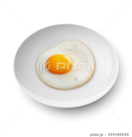 Vector 3d Realistic White Plate, Dish with Fried Egg, Omelet Inside Isolated on White Background. Healthy Breakfast, Protein Food, Diet Meal Concept. Design Template, Mockup. Top, Side View 104560099
