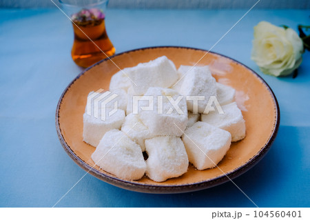 Traditional Afyon kaymak Lokum with cream. Turkish delight. 104560401