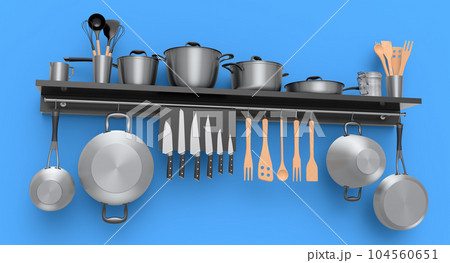 Set of kitchen utensil, stewpot, frying pan and chrome cookware hanging on shelf 104560651