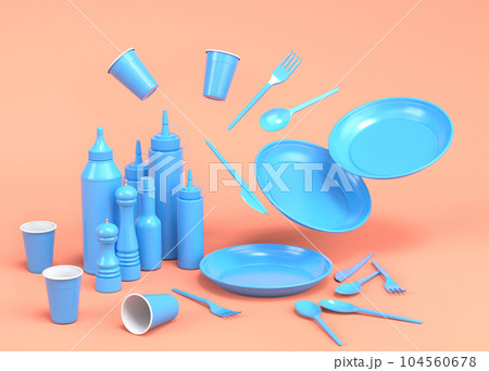 Set of disposable utensils like plate, folk, spoon,knife, cup and pepper mill 104560678