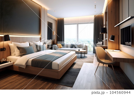 Interior of a double bed hotel room 104560944