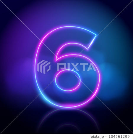 Purple neon tube number six with fog on dark background. Neon color glowing number 104561299