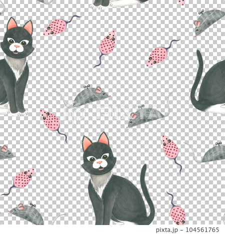 Watercolor illustration cat and mice . Seamless pattern hand drawn on a transparent background. For the design and decoration of souvenirs, wrapping paper, posters, postcards, prints. Watercolor illustration cat and mice . Seamless pattern hand drawn on a transparent background. For the design and decoration of souvenirs, wrapping paper, posters, postcards, prints. 104561765