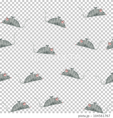 The watercolor illustration of gray mice is made by hand. Seamless pattern on a transparent background The watercolor illustration of gray mice is made by hand. Seamless pattern on a transparent background 104561767