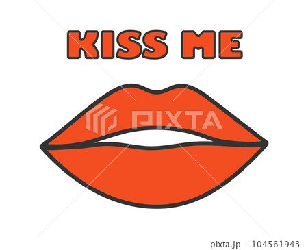 Female lips with red lipstick in a black stroke on a white background in pop art style. Kiss me. Vector 104561943