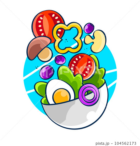 Tiny people standing by huge salad bowl. Small man and woman preparing vegetables to salad mixing bowl. Heathy food concept. Flat vector illustration isolated 104562173