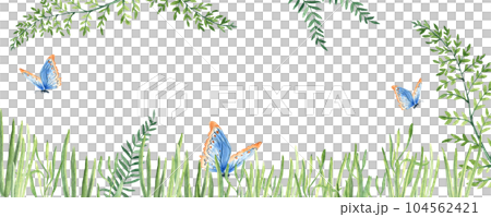 Green branches, grass, blue butterflies. Watercolor horisontal banner, frame. Botanical illustration. Perfect as a web banner, card and invitation template. Green branches, grass, blue butterflies. Watercolor horisontal banner, frame. Botanical illustration. Perfect as a web banner, card and invitation template. 104562421