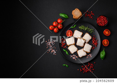 Delicious salty rectangular wheat croutons with cream cheese, tomatoes, salt and spices 104562609