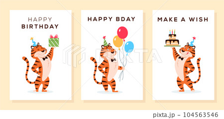 Cartoon smiling tigers in party hat with balloons, cake, present. Happy Birthday, B day, Make a wish greeting cards, invitation design set. Festive birth celebration postcards vector illustration. 104563546