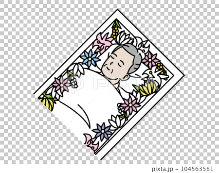 供花と棺に入った年配の男性の遺体 104563581