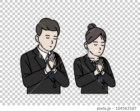 葬儀で合掌、黙祷する男女のイラスト 104563587