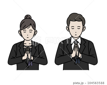 葬儀で合掌、黙祷する男女のイラスト 104563588