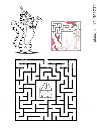 Maze game for kids with solution. Let's help tiger to find way to his present. Animal character puzzle learning coloring book page design template Labyrinth black and white outline illustration 104563750