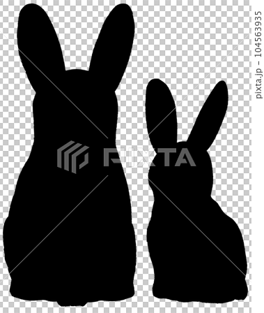 Rabbit parent and child back view simple black and white illustration silhouette 104563935