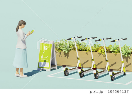 電動キックボードをスマートフォンでレンタルする女性 / 都市型電動モビリティのイメージ 104564137