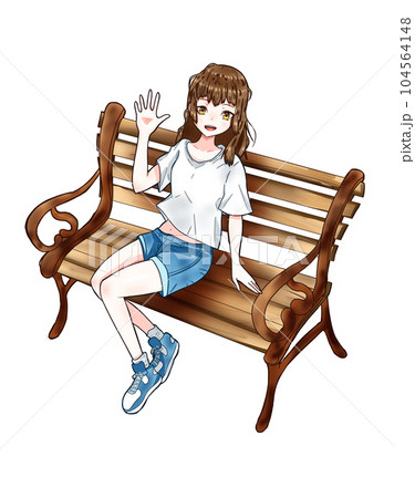 ベンチに座って手を振る女の子 ベンチに座って手を振る女の子 104564148